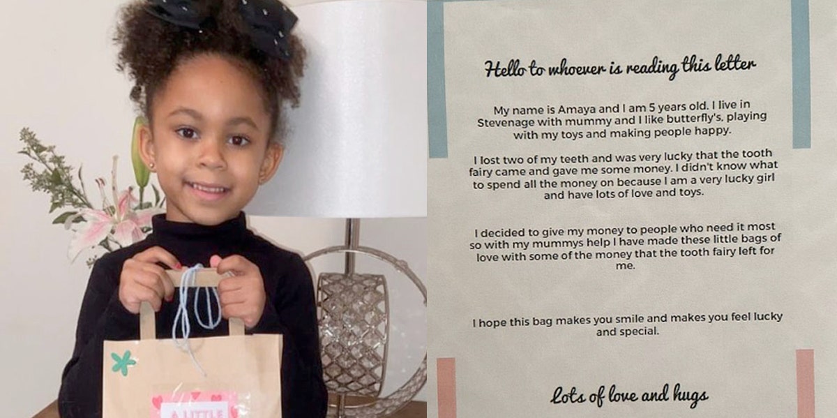 Amaya Thompson, 5, with her 'bag of love' and the letter included in the bags