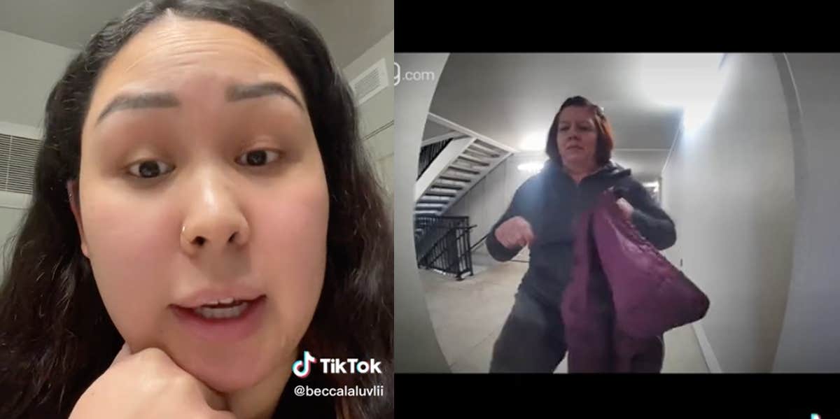 Mom Posts Video Of Neighbor Kicking Her Door After Complaining That Her Kids Are Too Loud TikTok of Becca talking to the camera and neighbor at the door.