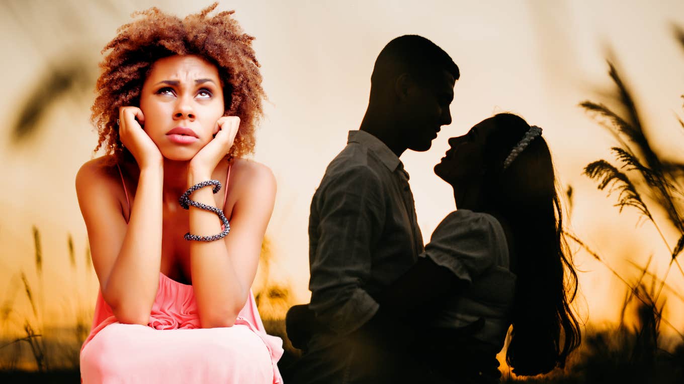Answering These 14 Questions Will Tell You For Sure If He's 'The One' Woman thinking and couple hugging in the background
