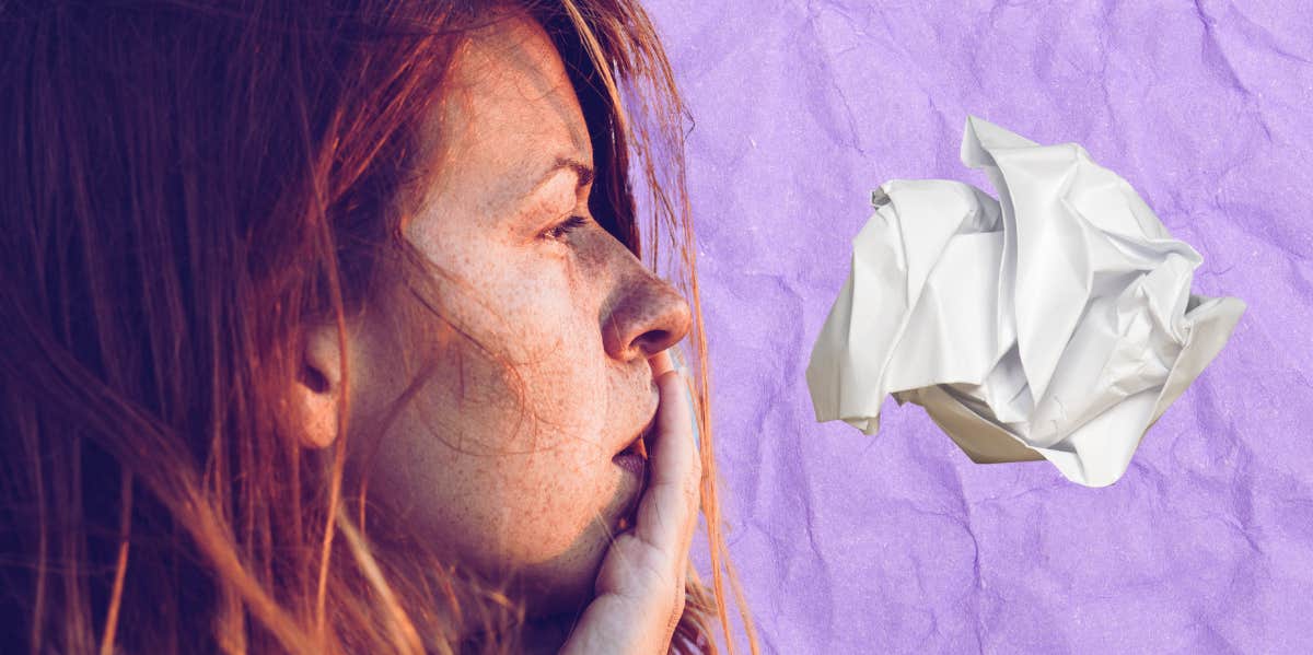 sad woman with crumpled paper background