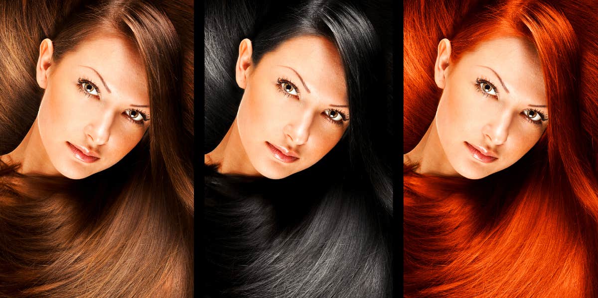 side by side images of one woman with brown, black and red hair