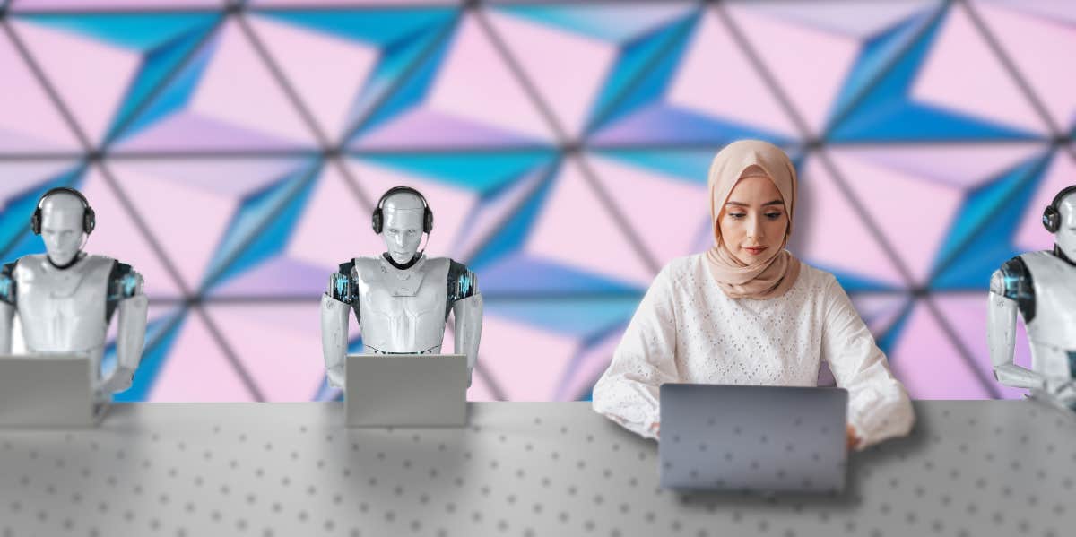 Artificial Intelligence And Your Job woman working on laptop next to robots working on laptops