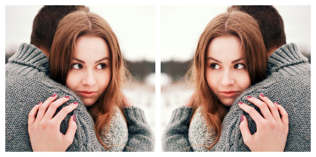 doubled image of a couple, woman looking over man's shoulder in a devious way