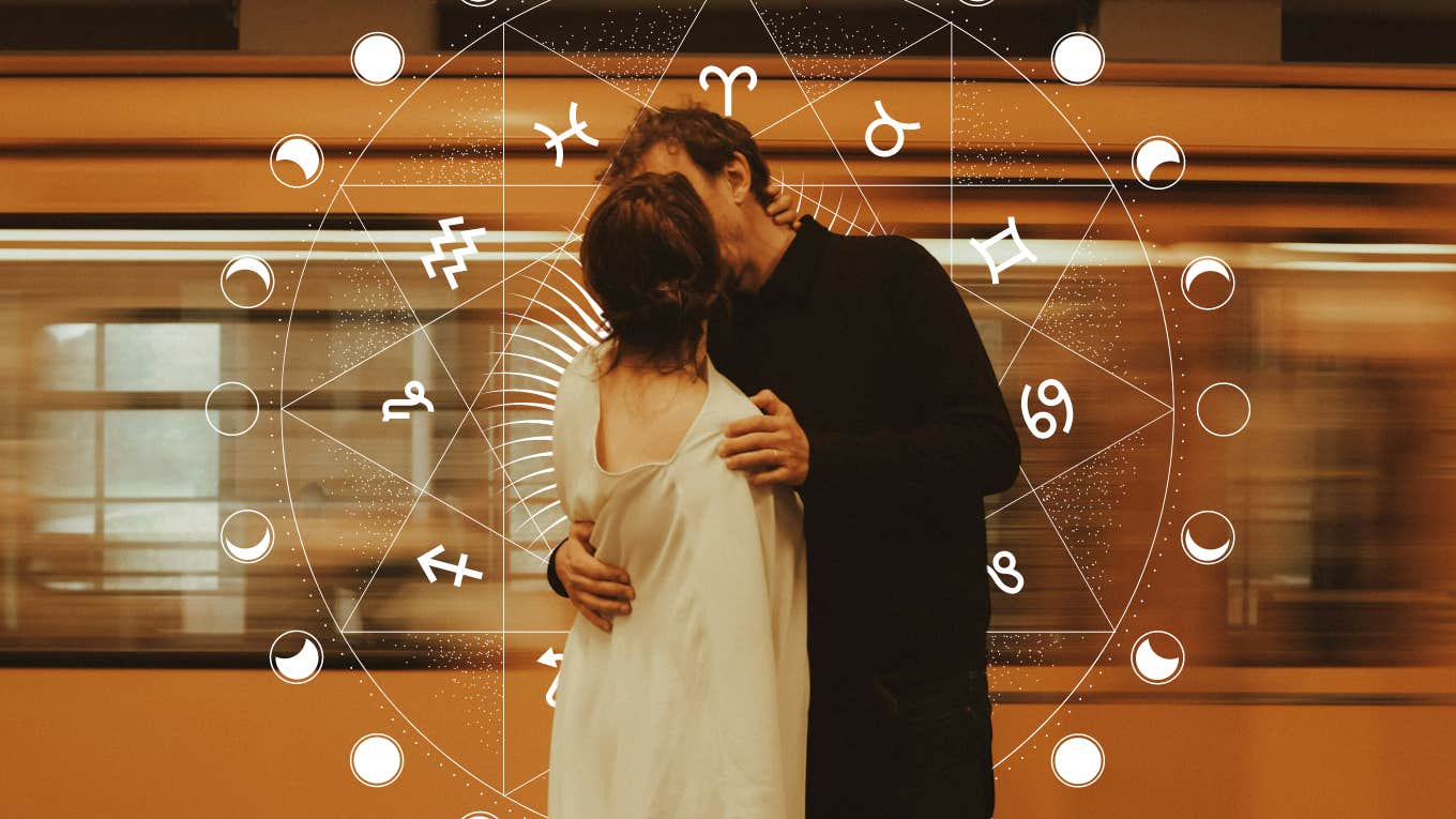 Use Astrocartography To Predict The Type Of Relationship You'll Have Based On Where Your Partner Is From couple kissing in front of moving train and zodiac wheel