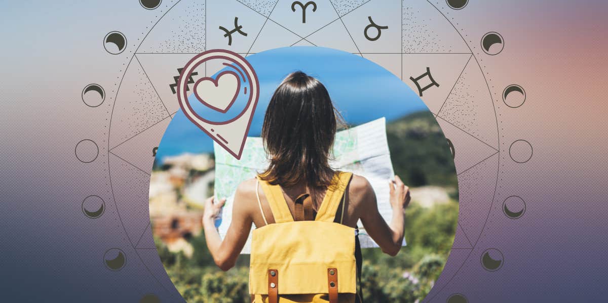 woman looking at a map with zodiac wheel