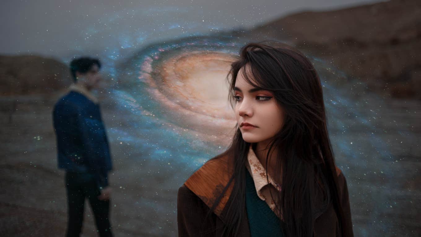 woman thinking, galaxy, man in the background