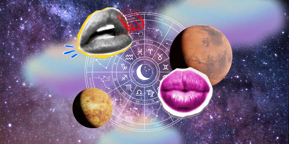 lips, zodiac wheel, planets mars and venus