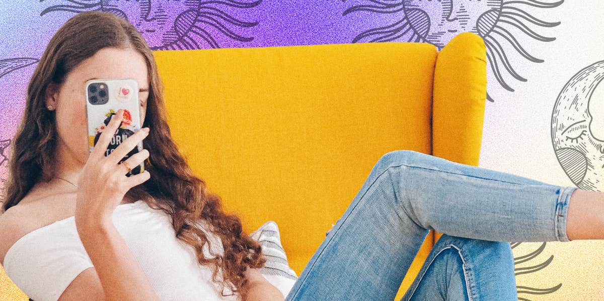 9 Signs You Had A Difficult Childhood, According To Astrology young woman sitting on chair taking photo with phone