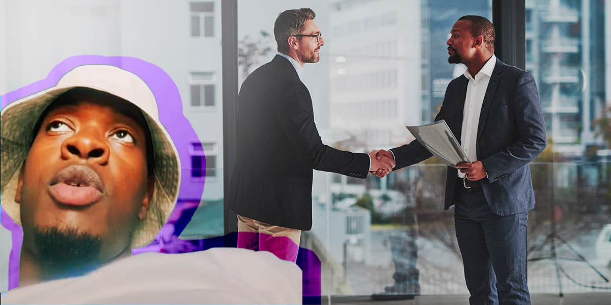 Avoid Endless Interviews That End In Rejection A photograph of Miles speaking to the camera, over a photograph of two businessmen shaking hands.