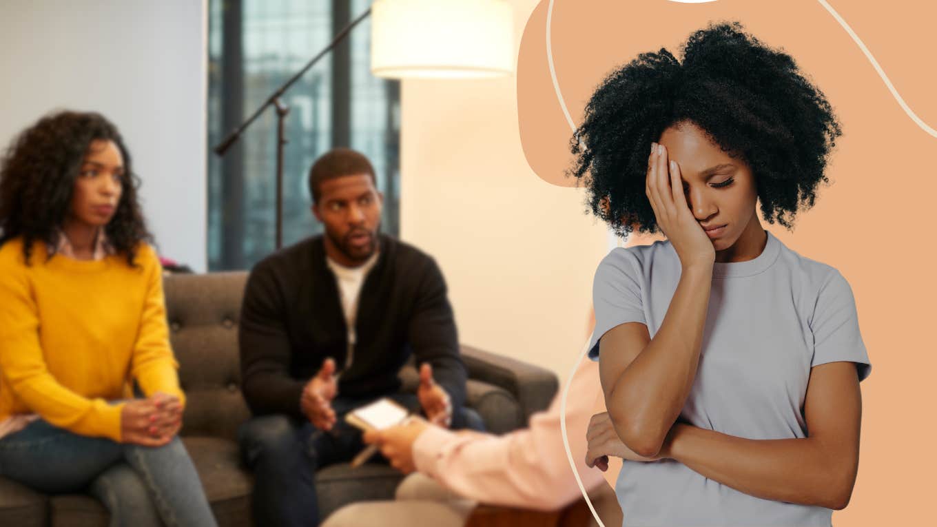 7 Small Signs Your Marriage Counselor Is Giving You Terrible Advice Stressed woman thinking about marriage counslor