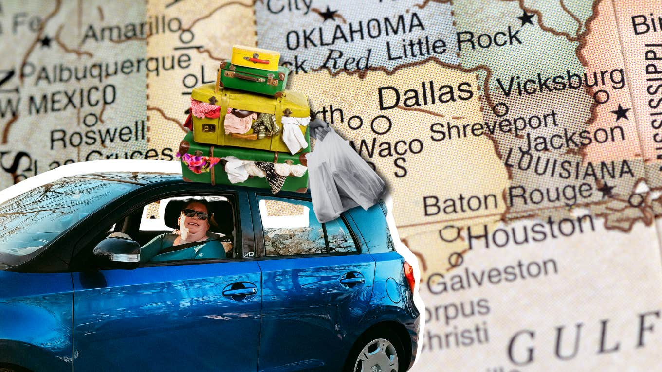 Author with her belongings traveling in Texas