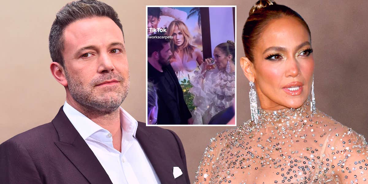 Video Shows Jennifer Lopez & Ben Affleck Arguing At 'Shotgun Wedding' Premiere Ben Affleck and Jennifer Lopez with screenshot of footage appearing to show them arguing