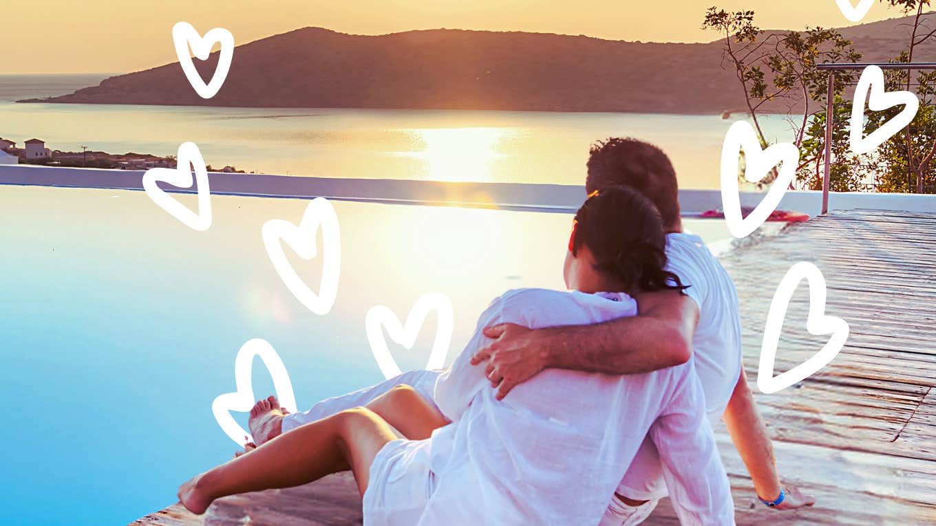 Couple surrounded by hearts on a dock