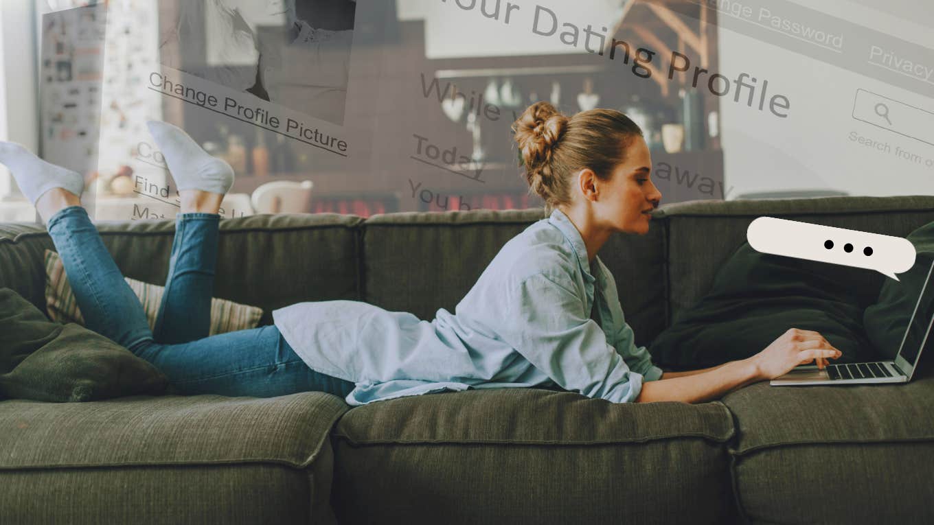 Woman laying on couch creating her online dating profile 
