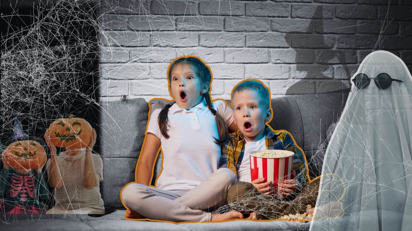 Kids watching a scary halloween movie