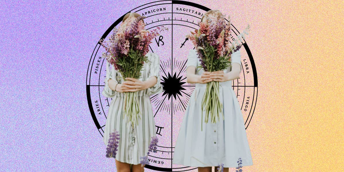 zodiac wheel, sisters holding lavender in front of their faces