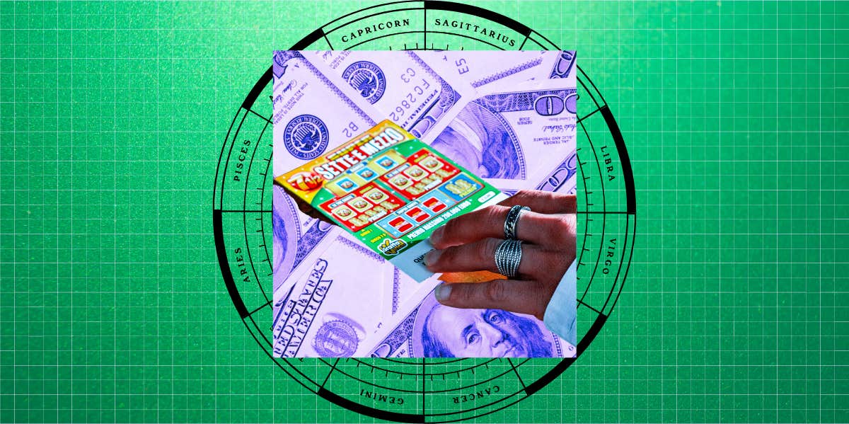 lottery ticket, money, and zodiac wheel