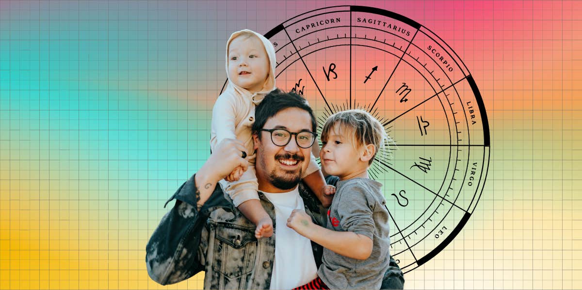 father with two kids, zodiac wheel
