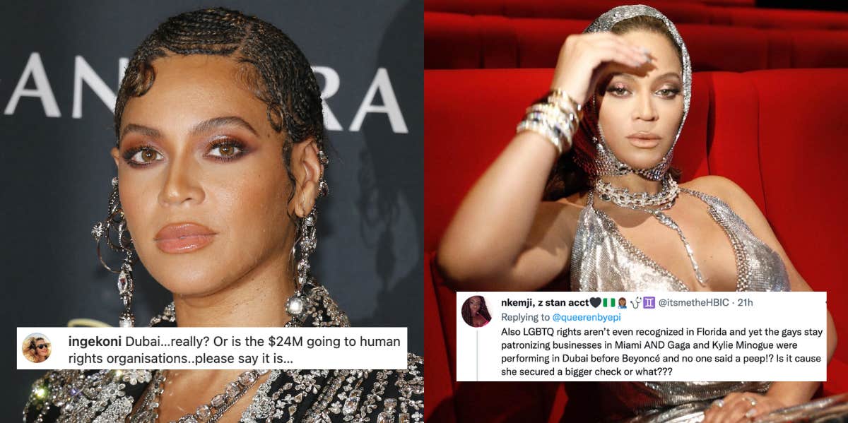 Photographs of Beyonce with screenshots of tweets debating the morals of her Dubai performance