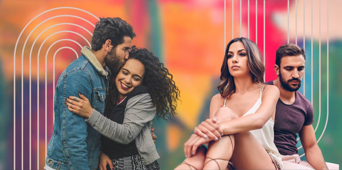 The Power Of Bids For Attention In Relationships A happy couple alongside an unhappy couple against a colorful background