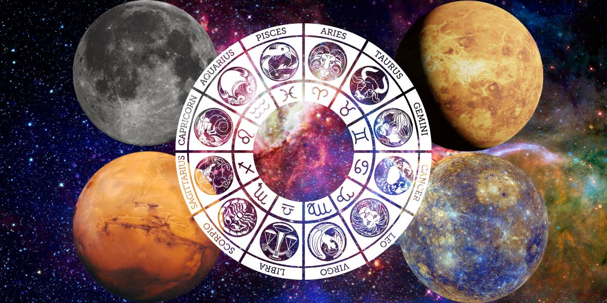 zodiac wheel and astrology planets moon, mars, venus, mercury