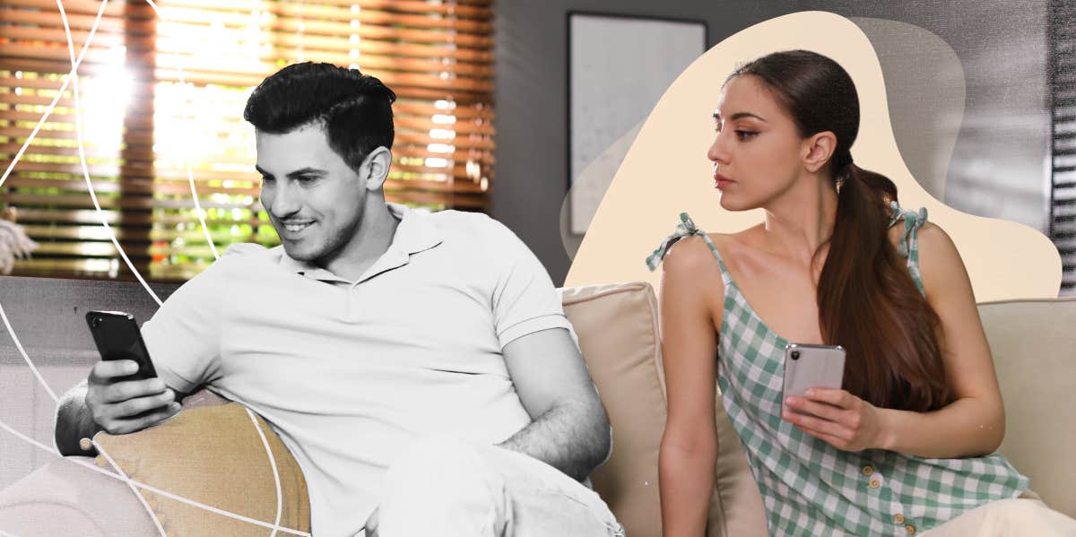 Woman suspiciously looking over at man texting