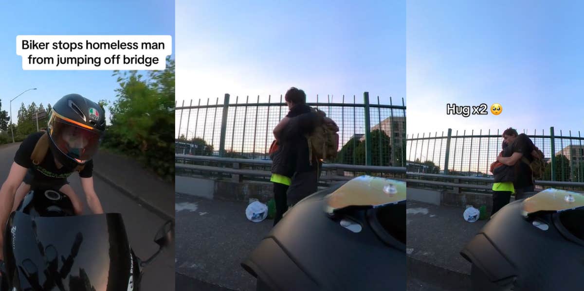 Biker Stops Homeless Man From Jumping Off A Bridge — 'Everyday We Have A Chance To Make Someone's Life Better' Screenshots from @ryan_s_mann TikTok