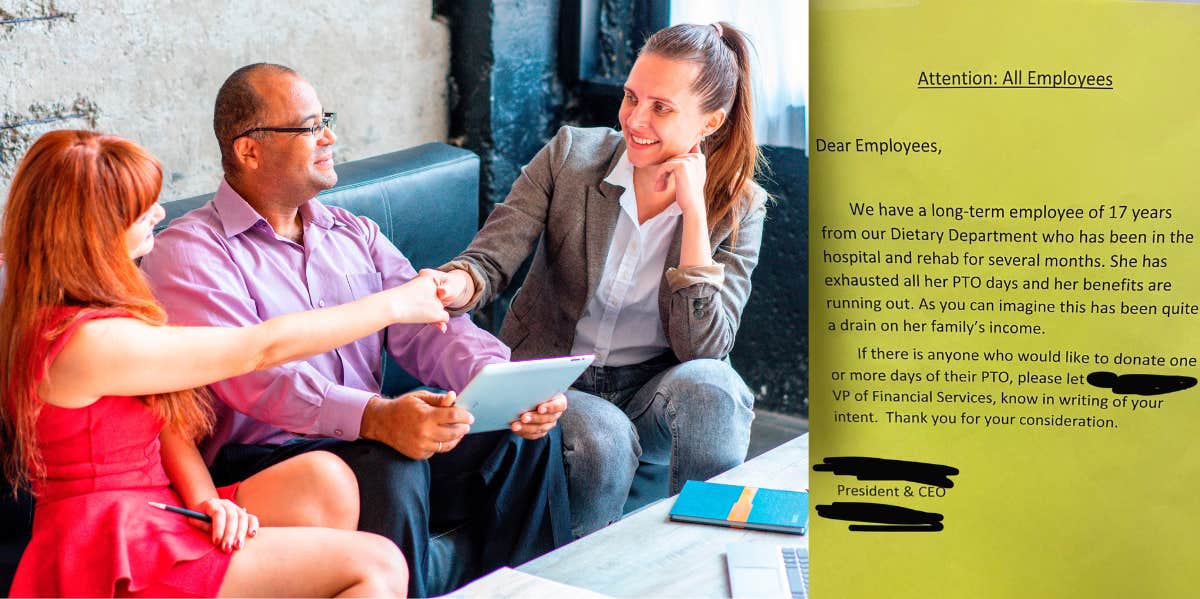 CEO Requests Staff 'Donate' Their PTO Days To Employee Of 17 Years Staff in an office, letter from CEO
