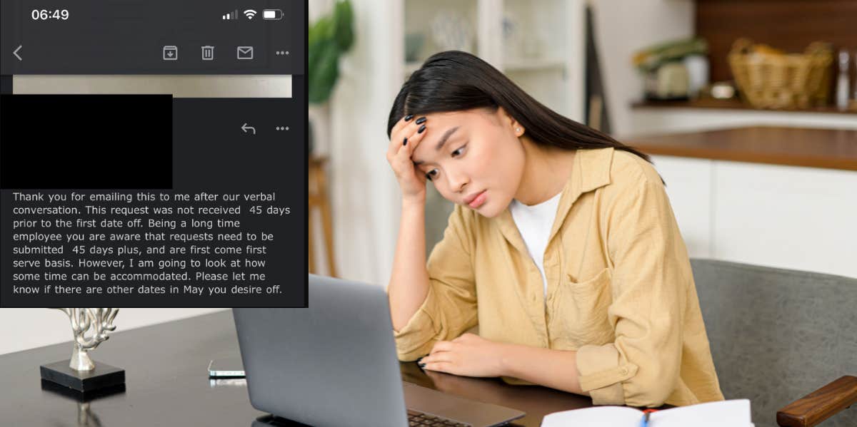 Employee Says Boss 'Suddenly Changed' Their Old PTO Policy To Prevent Them From Taking Time Off woman looking stressed while sitting at the desk and using a laptop