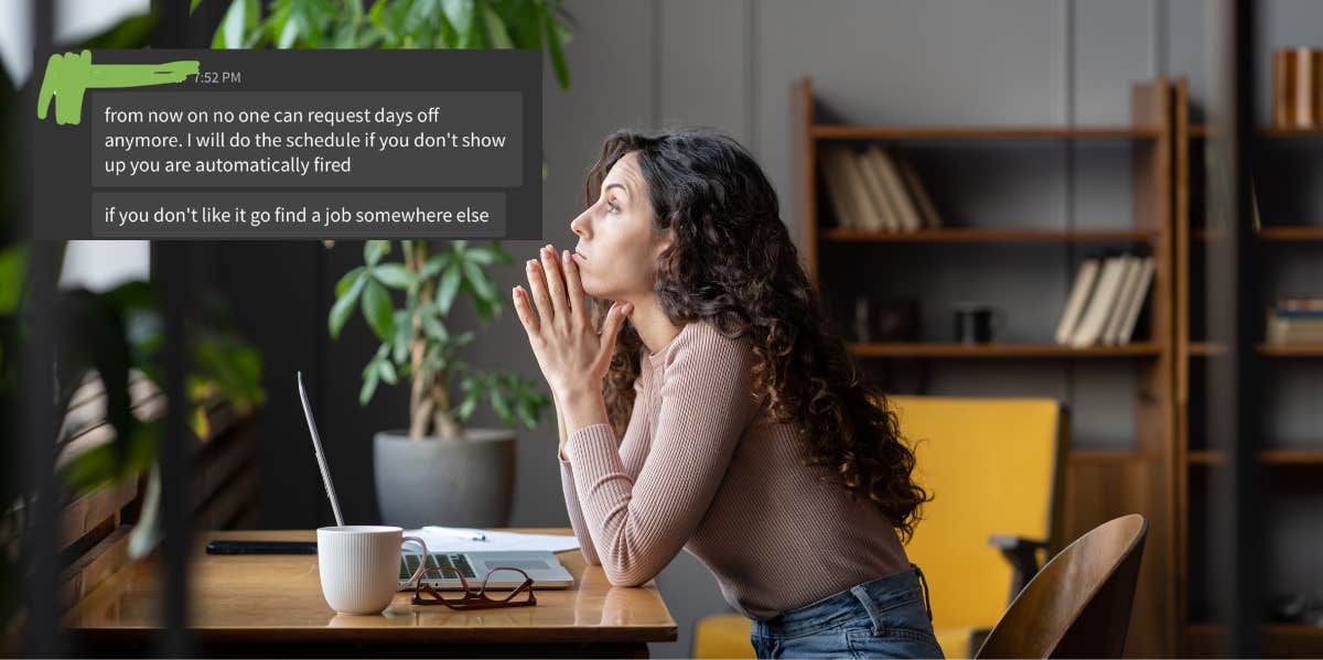 Boss Tells Employees They Are No Longer Allowed To 'Request Days Off' & Can Seek Employment Elsewhere If They Don't Agree With The New Rule bored woman sitting at office desk with laptop