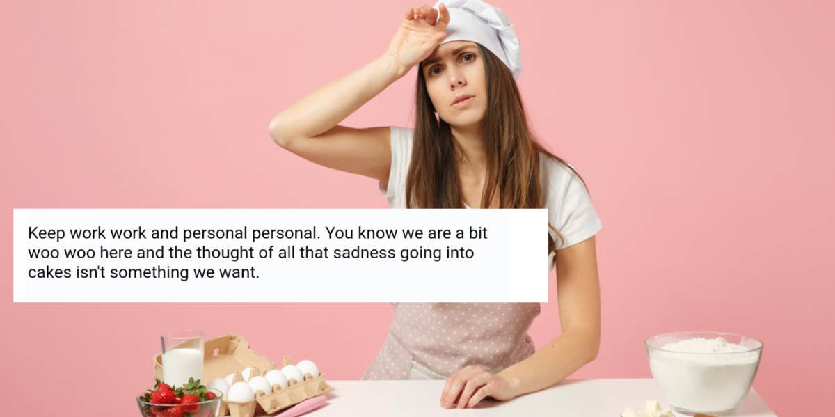 After A Baker Discovered That Her Boyfriend Cheated On Her, Her Boss Advised Her To Stop Being Sad Since It Isn't Good For The Cakes boss, baker, sadness, work
