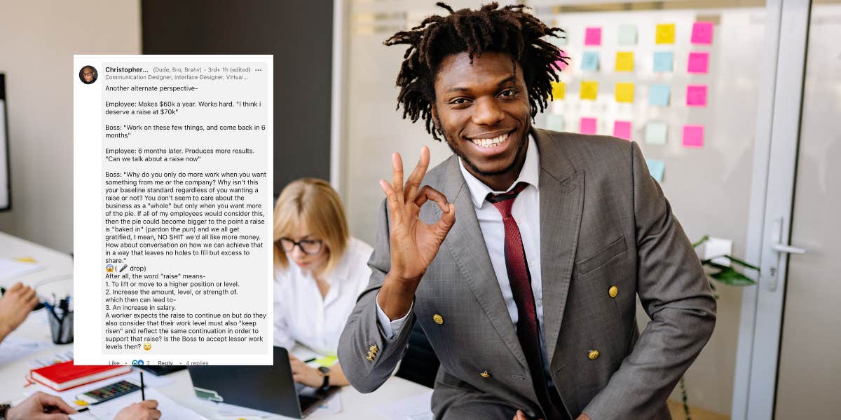 Employer Tells A Worker To Meet Performance Goals To Get A Raise & Got Upset When They Did LinkedIn post, man at work