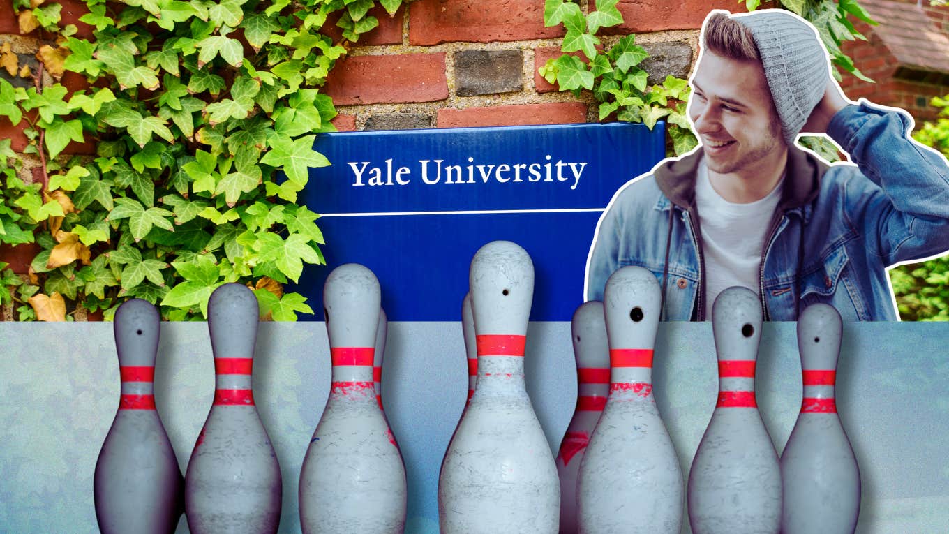 bowling pins, yale university sign and college-aged man