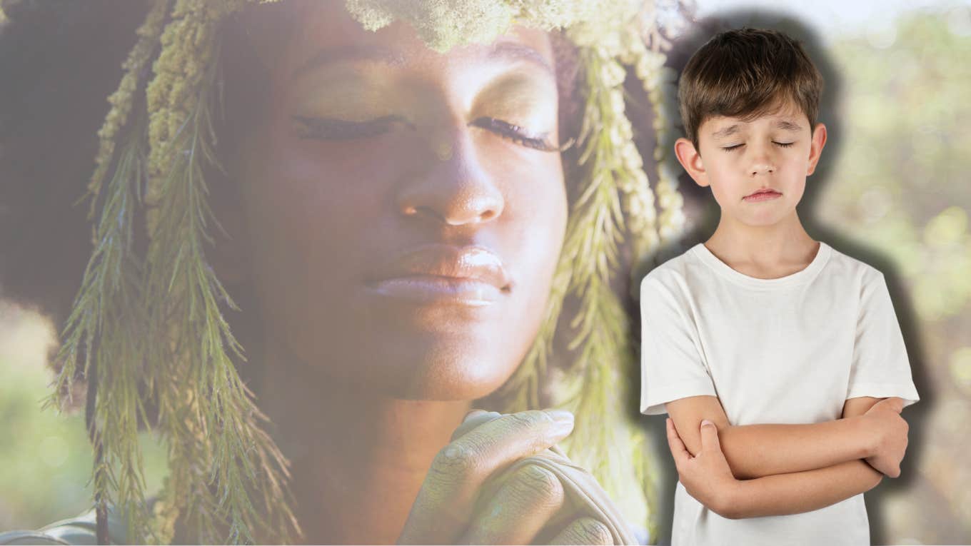 5-Year-Old-Boy Claims He Was A Black Woman In A Former Life boy with eyes closed in front of woman with eye closed