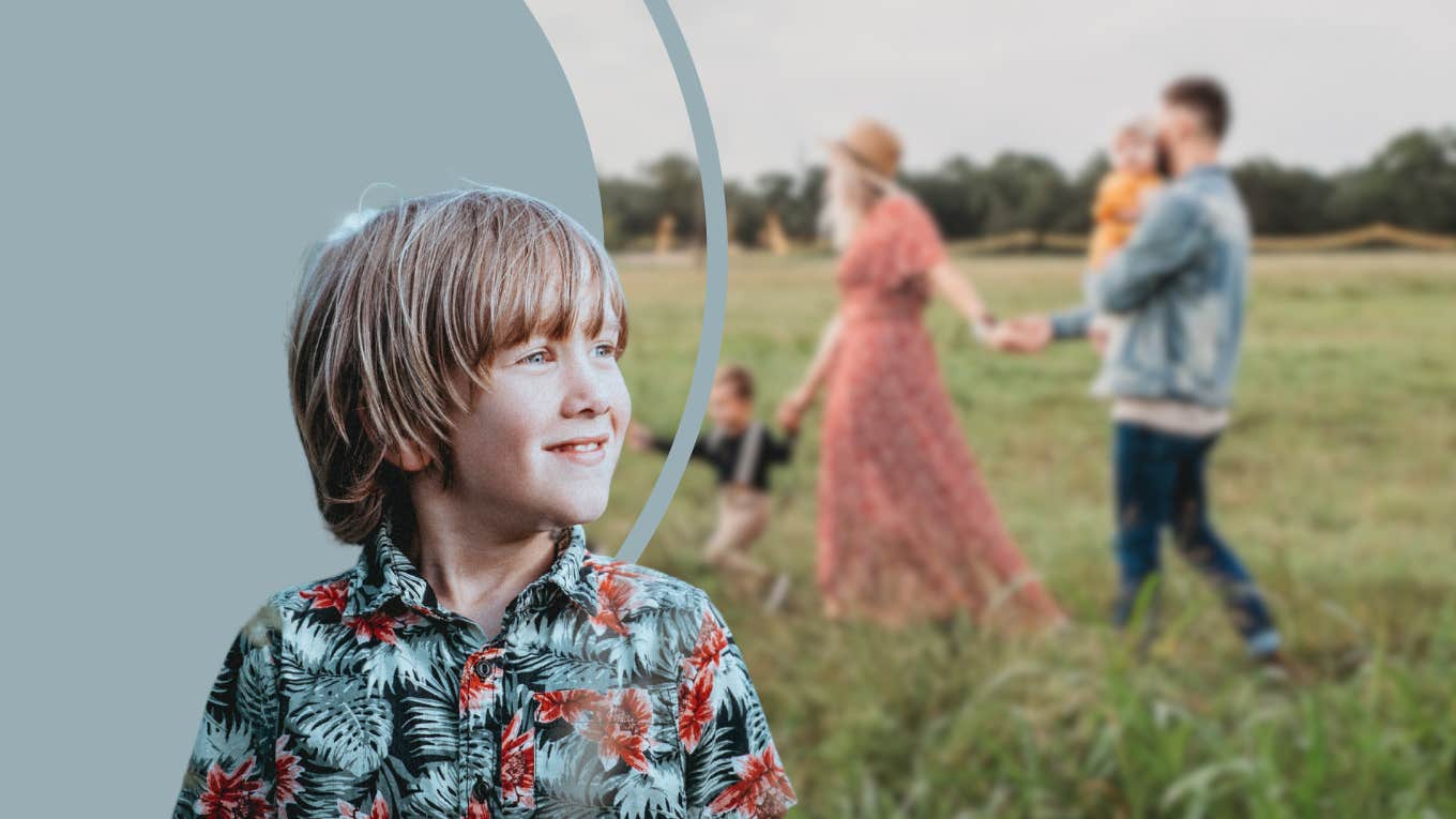 happy boy smiling and family in field