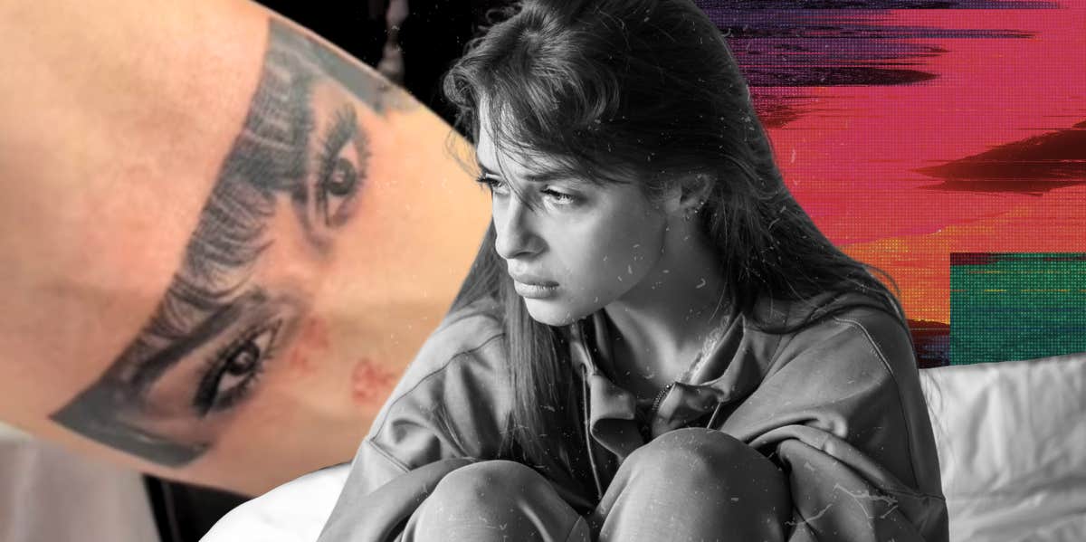 sad heartbroken girl next to boyfriend's tattoo of her eyes