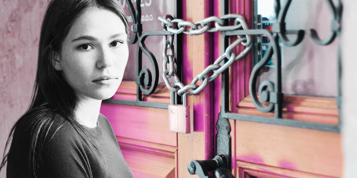 Boyfriend Locks Girlfriend In Their House For Her Own Good sad woman, locked door