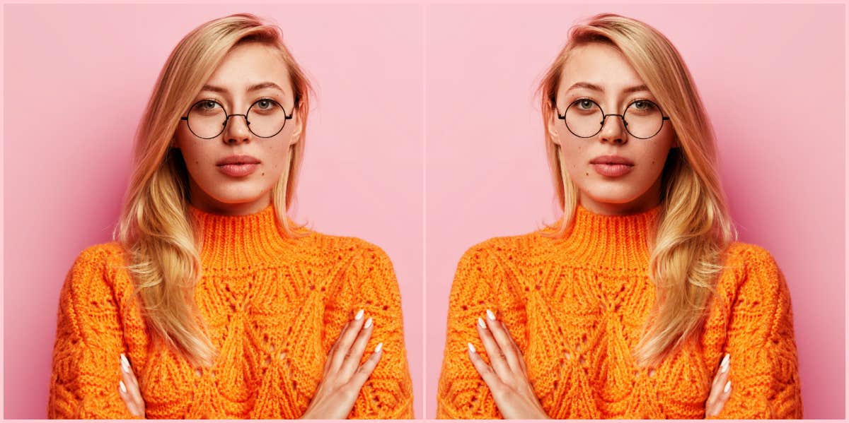 doubled image of blonde woman with glasses, arms crossed, against a pink wall