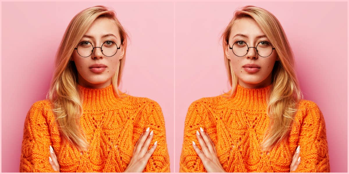 Facts about breast implants doubled image of blonde woman with glasses, arms crossed, against a pink wall
