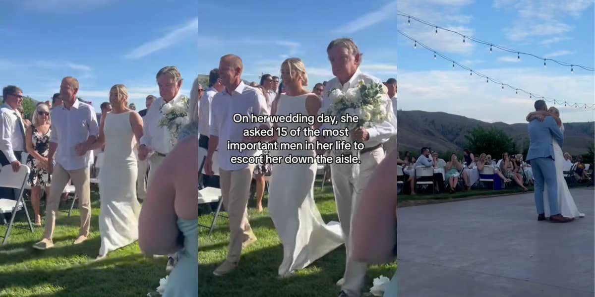 bride having 15 men walk her down the aisle