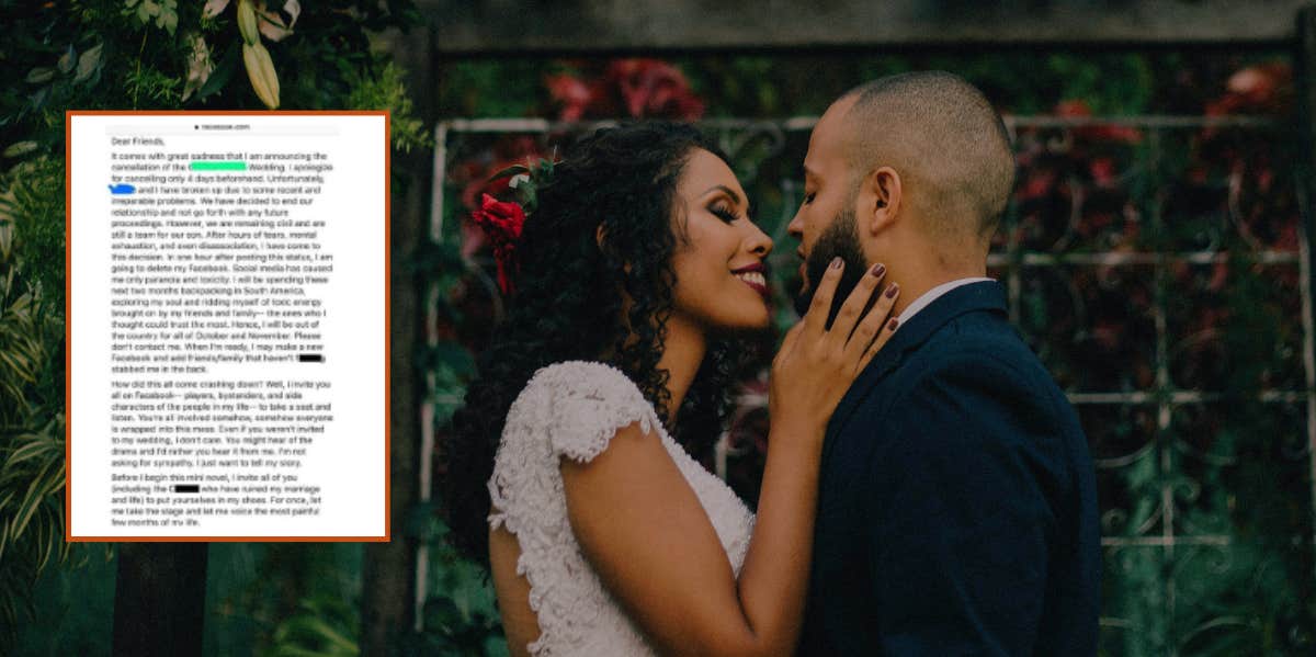 Bride Shares Facebook Post Canceling Wedding & Dumping Fiancé After Guests Refuse To Pay 'Entrance Fee Facebook post, bride & groom