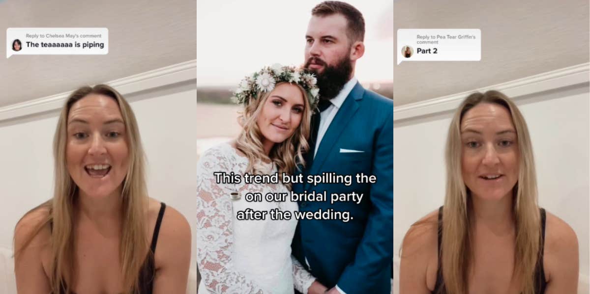 Video Shows TikToker Humiliating Her Guests By Disclosing Their Behavior At The Wedding Bride explaining her story, bride's wedding photo