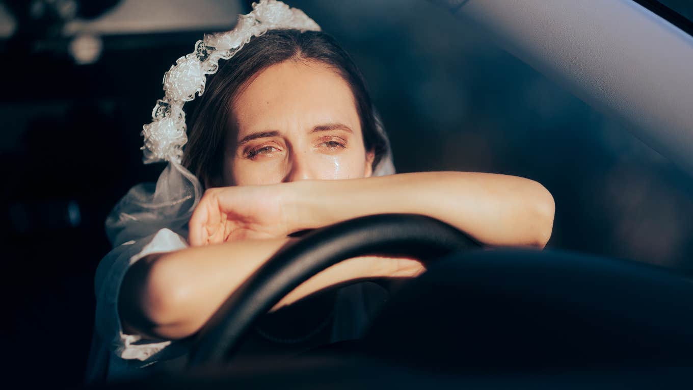 bride crying in the car