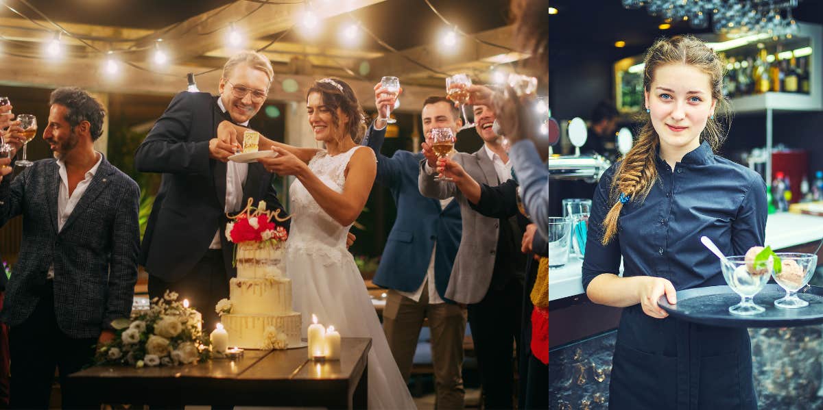 bride and groom at wedding, waitress serving drinks