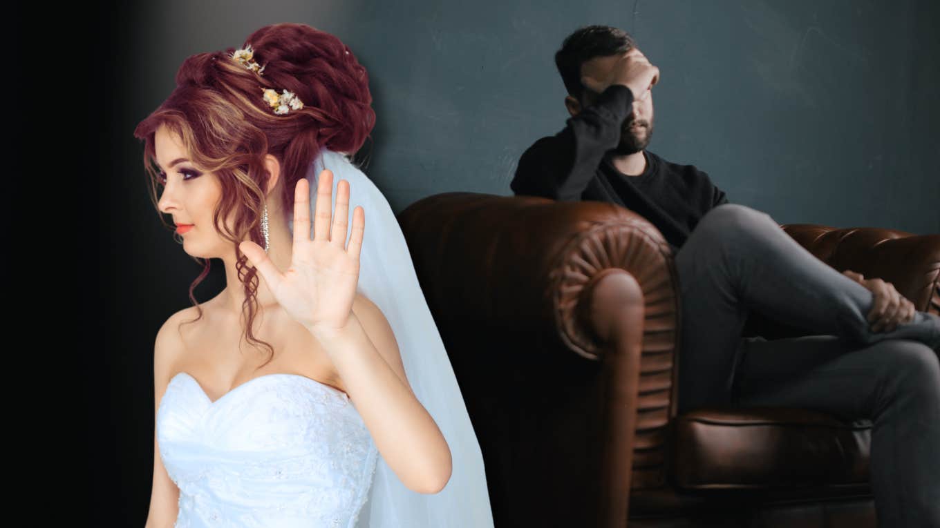 Woman Uninvites Her Family From Wedding Because Of Pranks They Played On Her Fiancé To Test Him bride with hand up and upset man