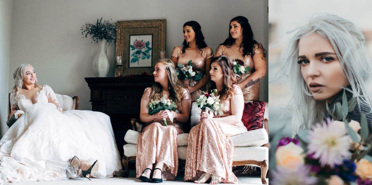 Bride with bridesmaids & woman with gray hair
