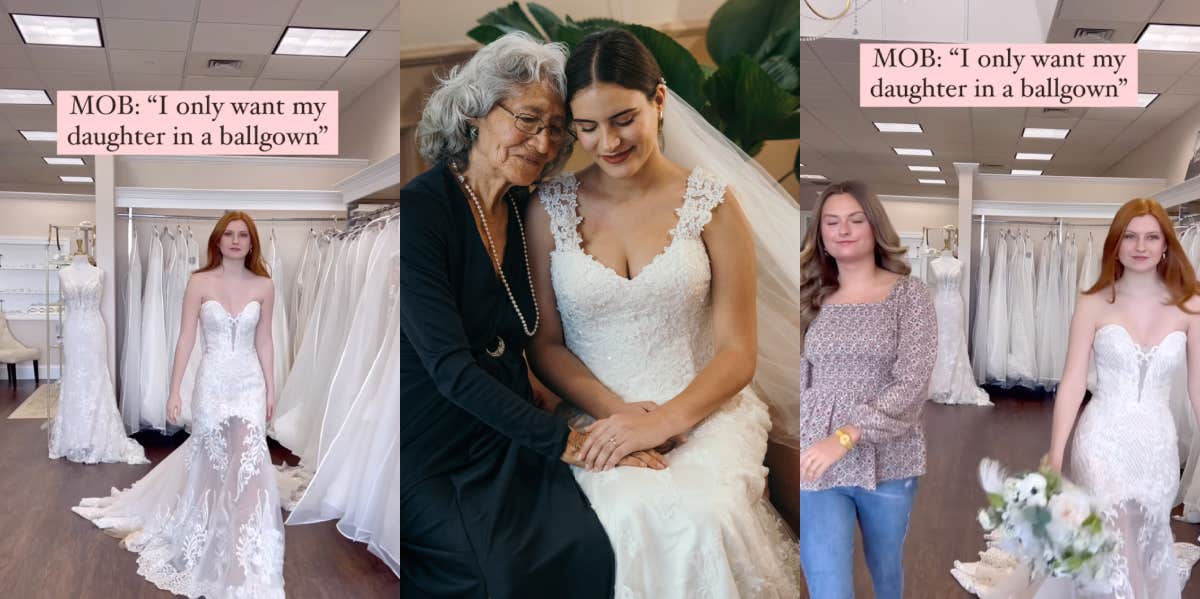 bride wearing sheer dress, mother and daughter hugging on wedding day