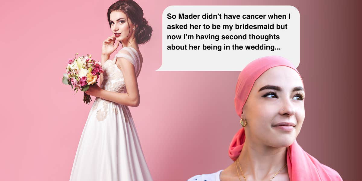 woman with cancer, bride and text
