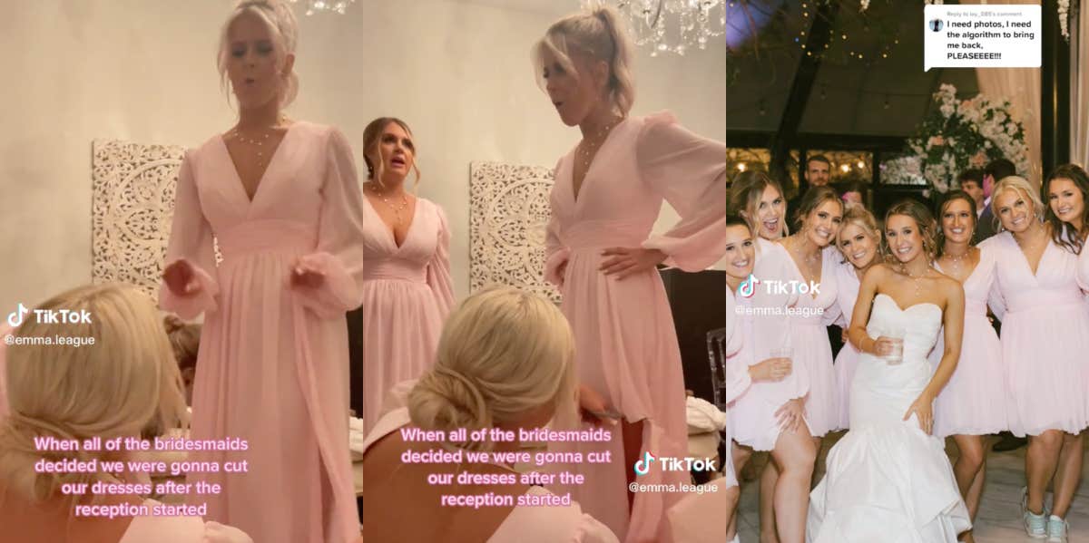 bridesmaids cutting their dresses