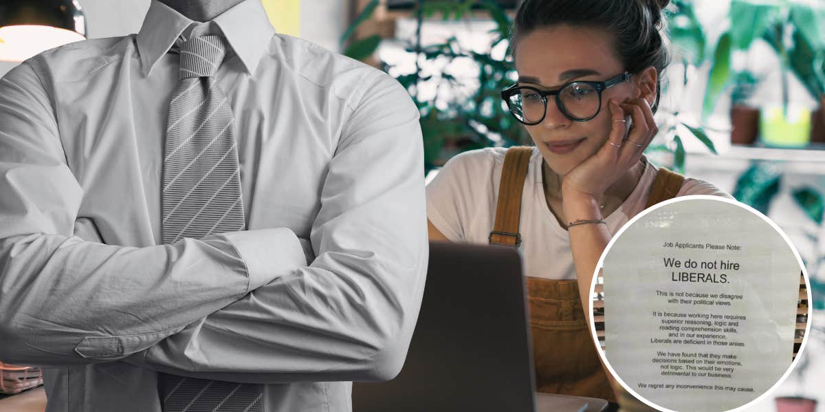 woman working at desk, man with arms crossed, business sign